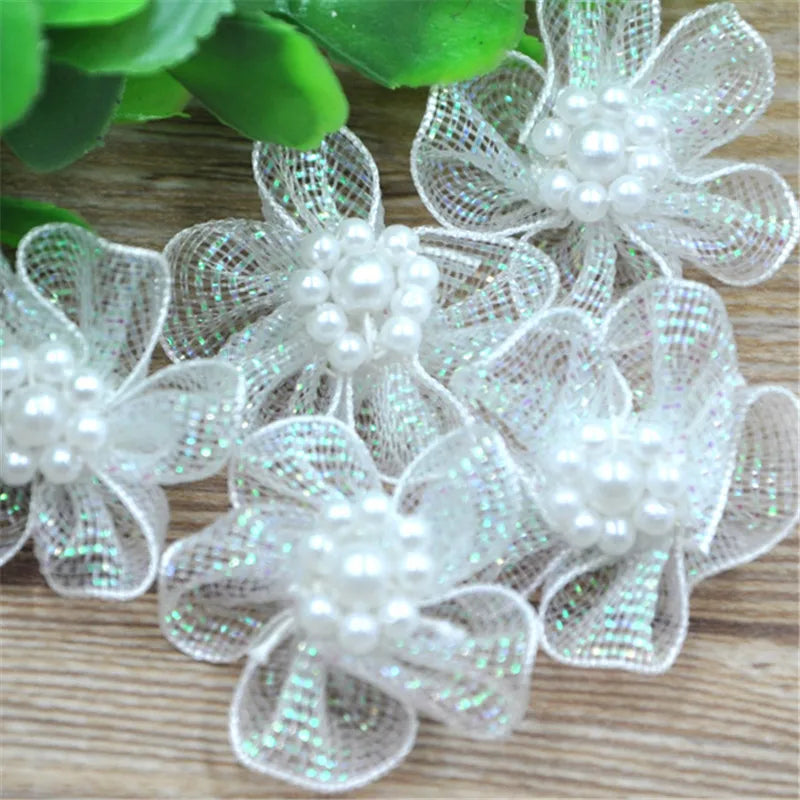 20 pcs U pick Organza Ribbon Flowers Bows w/Beads Appliques Wedding Craft A011